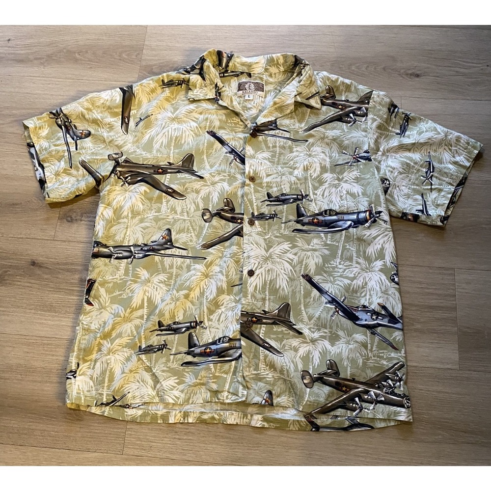 Vintage Kalaheo Mens L Hawaiian Shirt Made in Hawaii Airplane Tropical Aloha